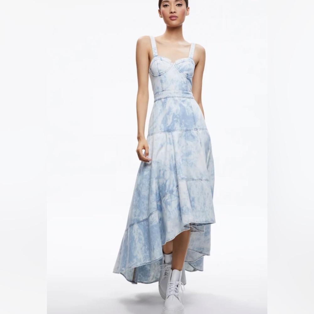 HEMMED Alice and Olivia Donella denim bustier high low dress